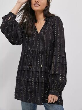 Anthropologie Quinn Sequined Tunic Blouse Black Gold Shimmer Small Boho Babydoll